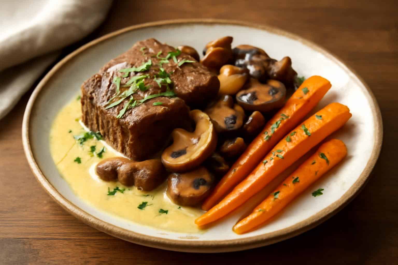 Savory lemongrass beef recipe with tender coconut, earthy mushrooms, and sweet carrots on a rustic plate