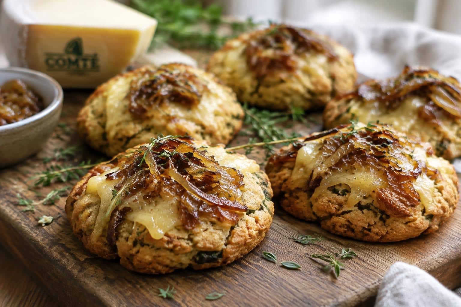 savory cookies comté topped with caramelized onions on rustic wooden board