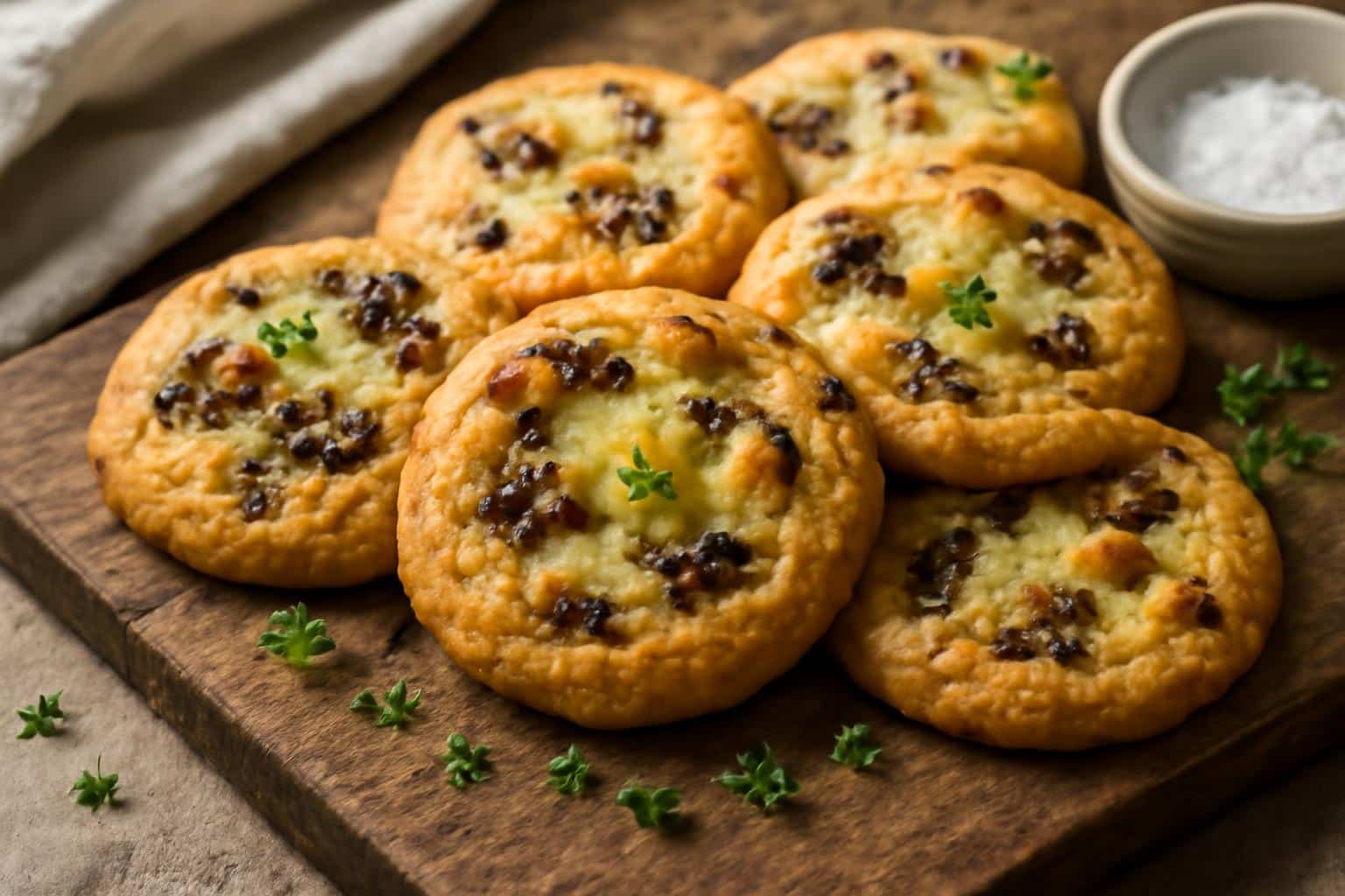 Savory cookies with caramelized onions and Comté cheese on a rustic wooden board
