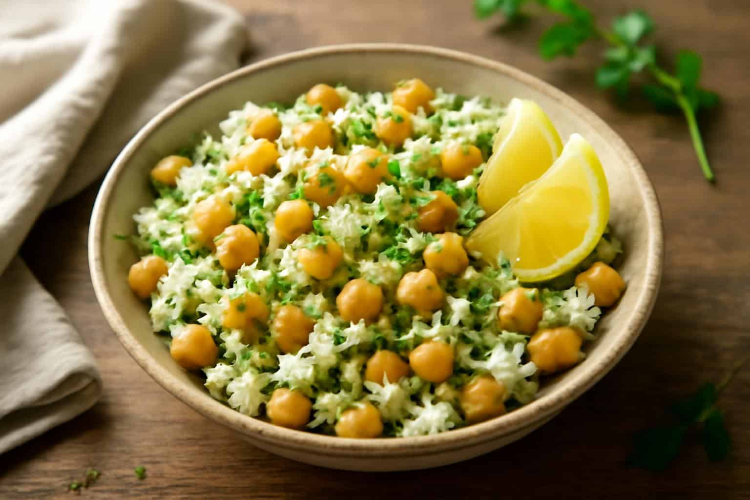 Savory cottage cheese chickpea salad with fresh herbs and zesty dressing in rustic bowl