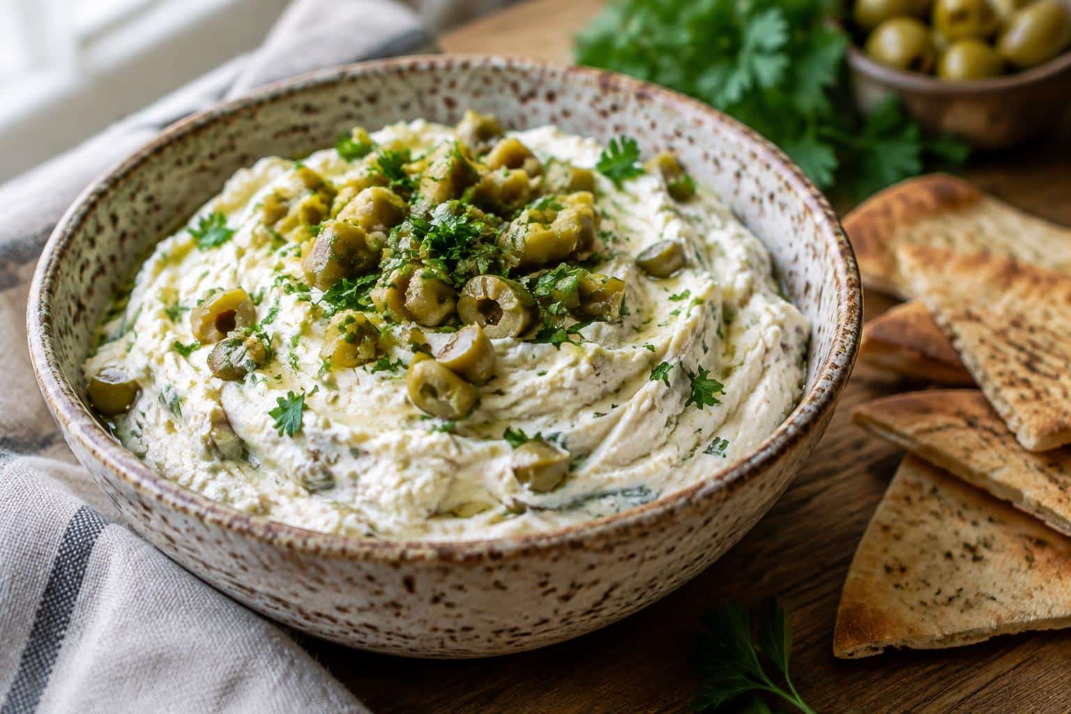Cream cheese olive dip garnished with chopped olives and parsley in a rustic bowl