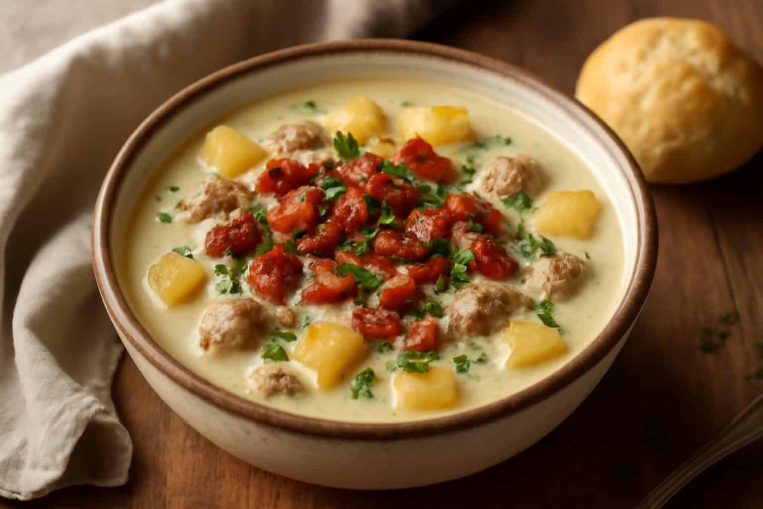 Bowl of savory creamy sausage potato chowder garnished with parsley and bacon bits