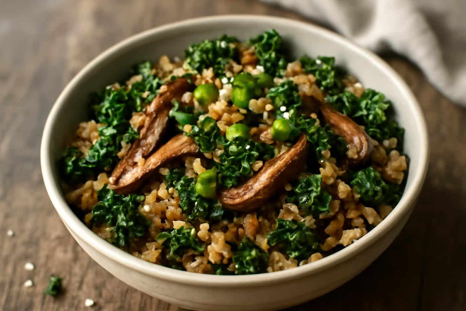 Savory crispy kale fried rice with shiitake mushrooms garnished with green onions and sesame seeds