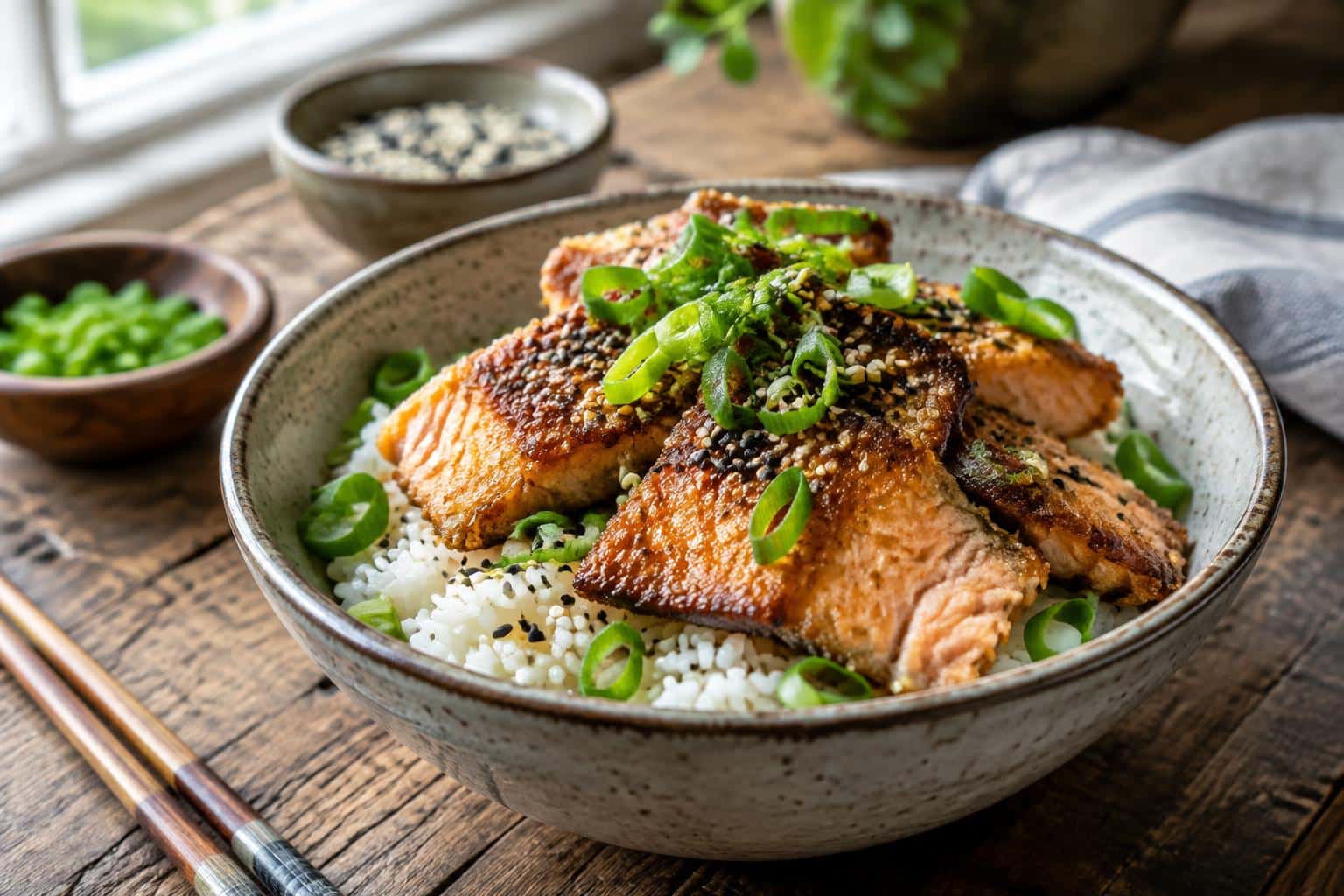 Savory crispy salmon rice bowl with golden salmon and fresh scallions, perfect salmon rice bowl