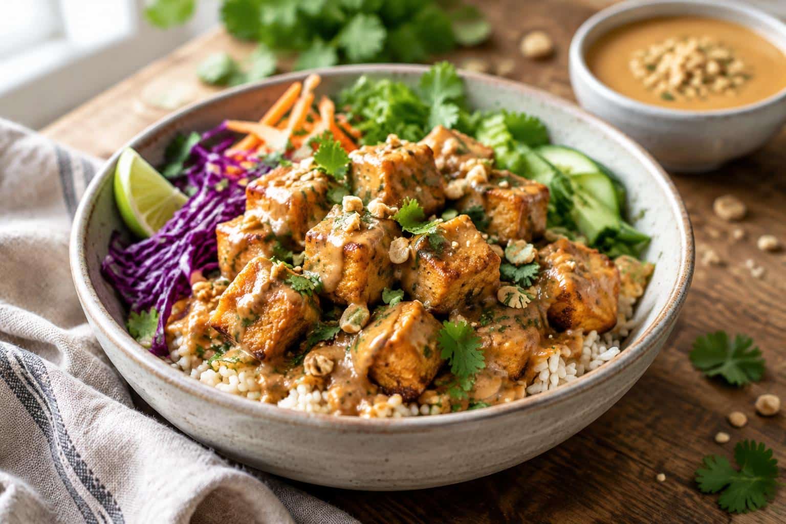 Savory crispy tofu Thai peanut bowls with golden tofu cubes and fresh vegetables