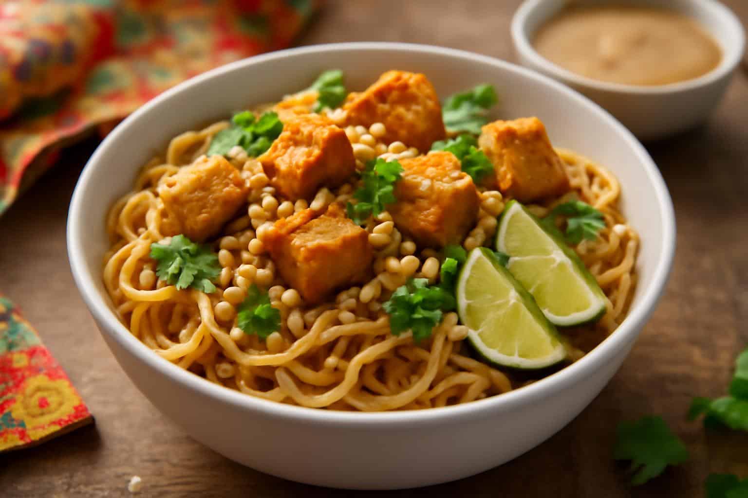 Savory crispy tofu thai peanut bowl garnished with peanuts and cilantro