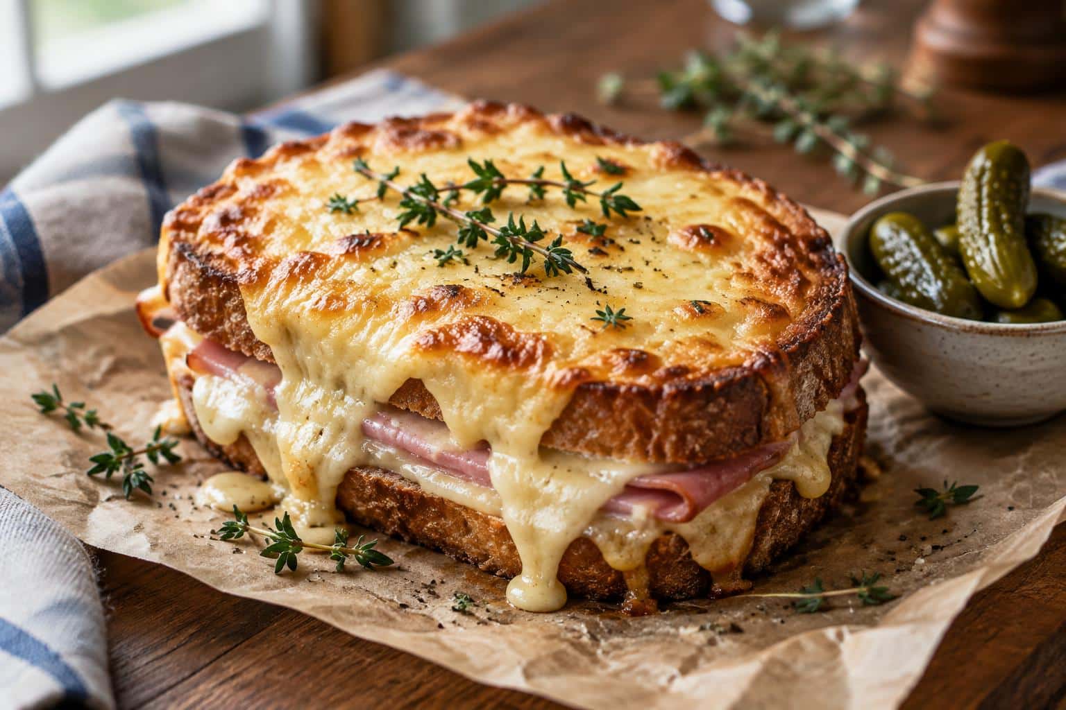 Savory croque monsieur recipe with melted cheese and ham sandwich on toasted bread