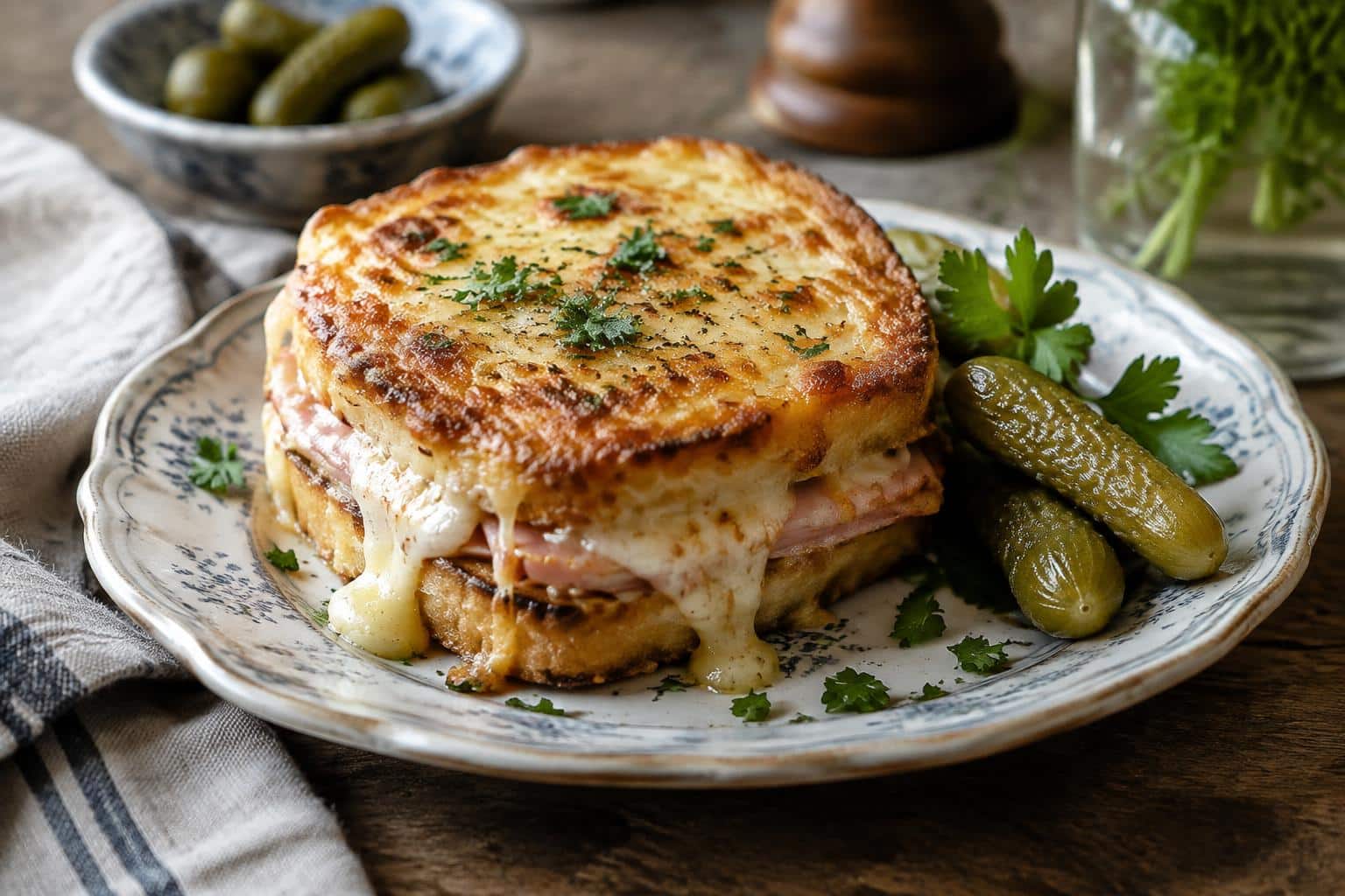 Savory croque monsieur sandwich with melted cheese and ham on rustic wooden table, croque monsieur