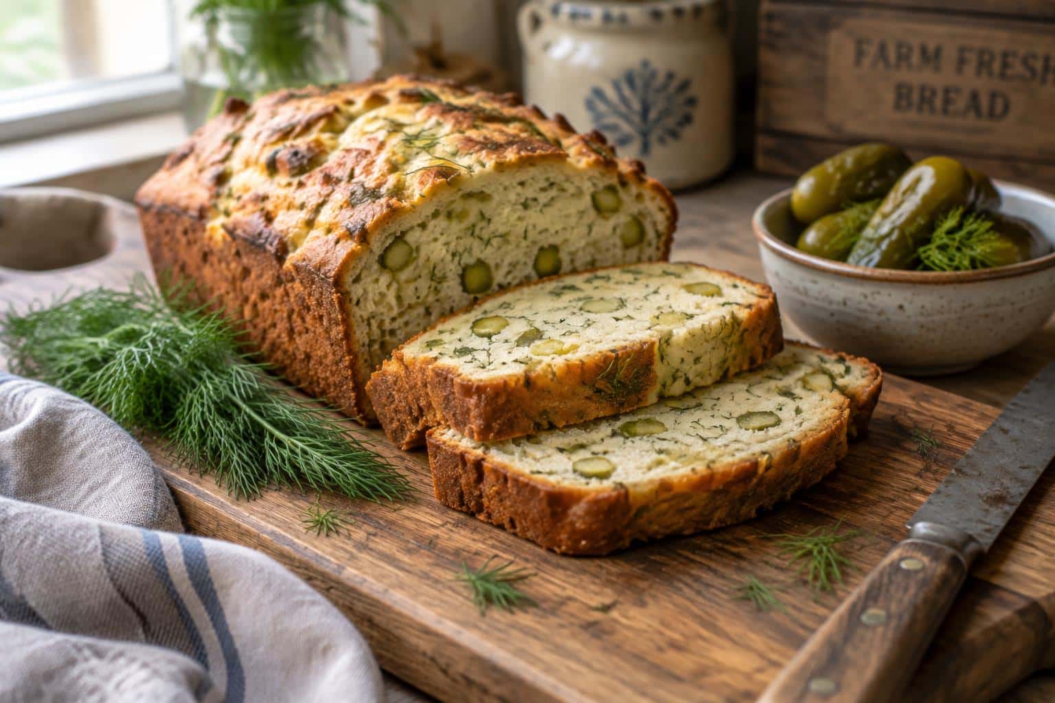 Sliced savory dill pickle bread loaf with fresh dill garnish and pickles on wooden board