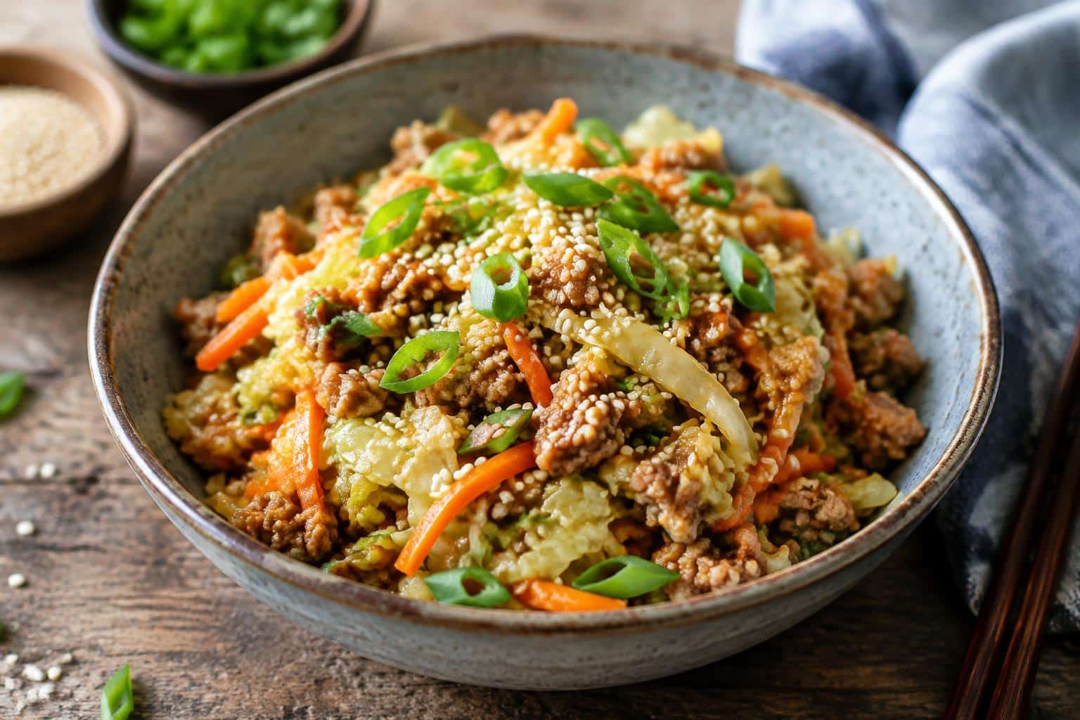 Savory egg roll in a bowl with ground pork, cabbage, carrots, and green onions