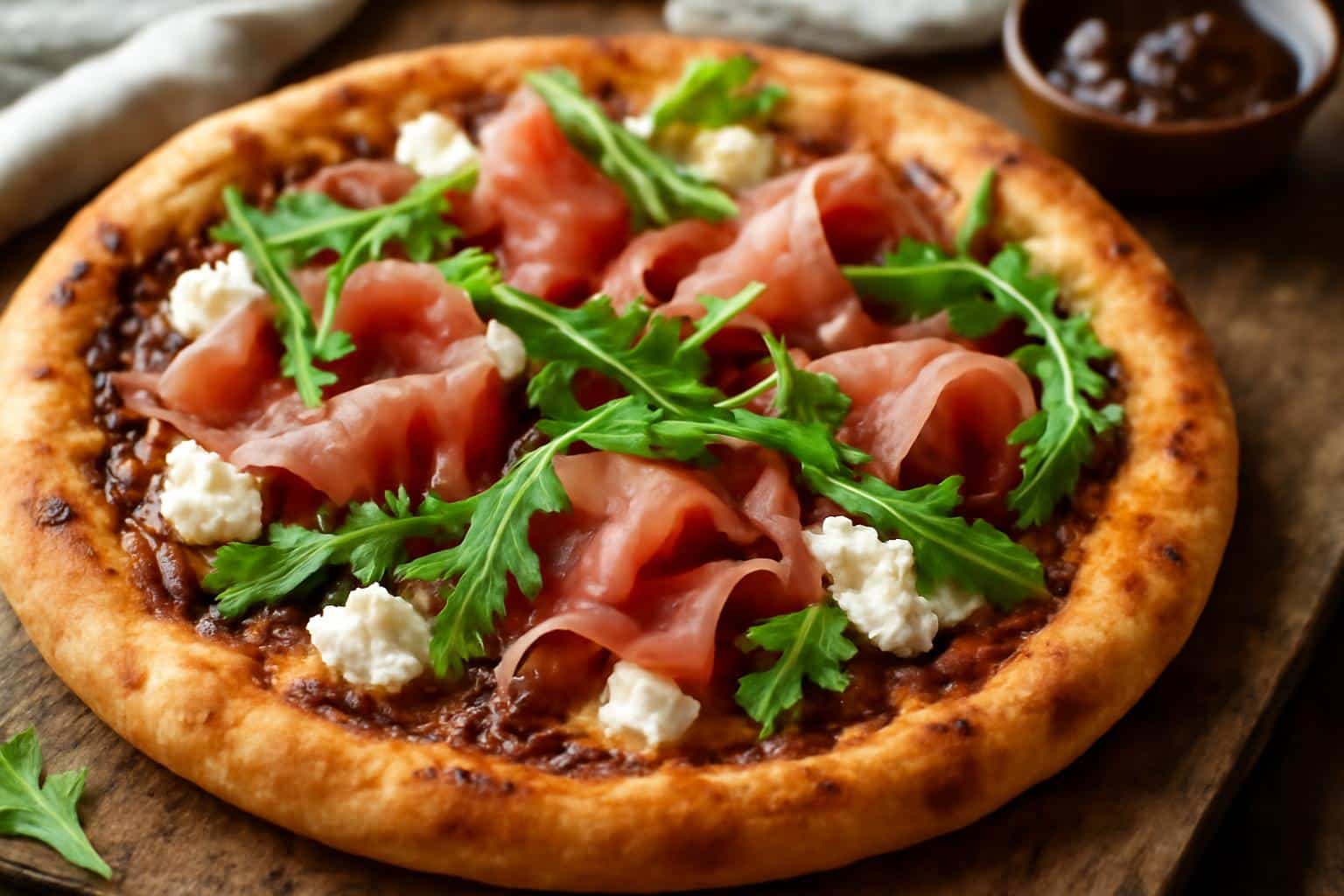 Savory fig jam pizza topped with goat cheese and prosciutto served on a rustic wooden board