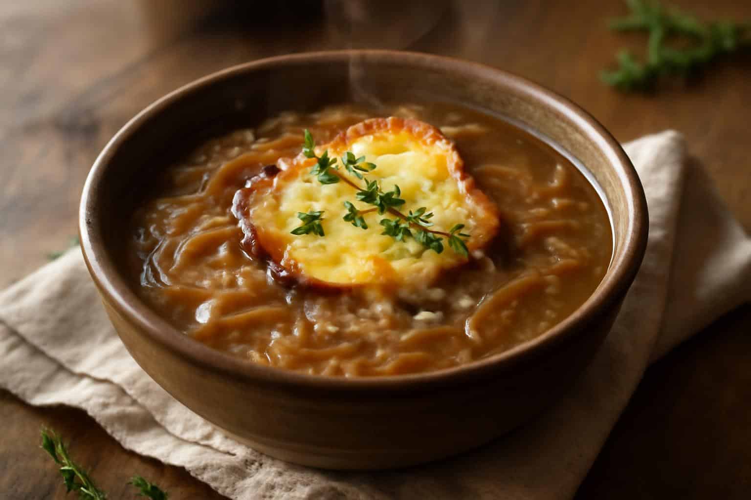 Steaming bowl of savory french onion rice soup garnished with melted cheese and fresh thyme