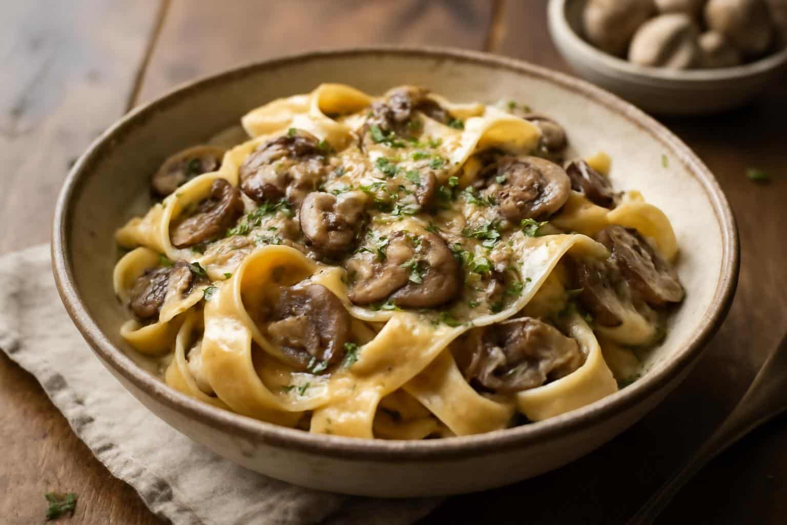 Creamy garlic butter mushroom pappardelle served in a rustic bowl with parsley garnish