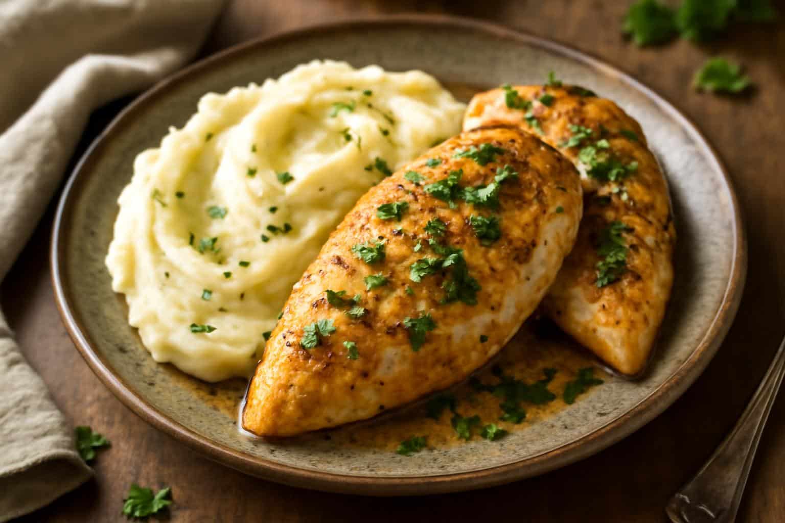 plate of garlic herb chicken with creamy mashed potatoes and parsley garnish