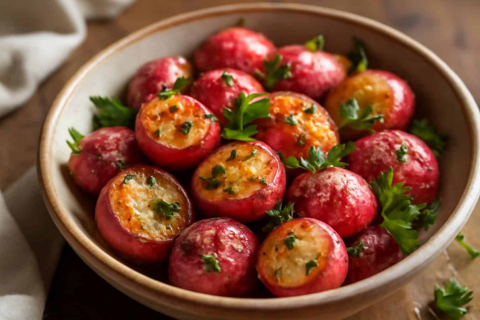 Garlic herb roasted radishes in a bowl garnished with fresh parsley and sea salt