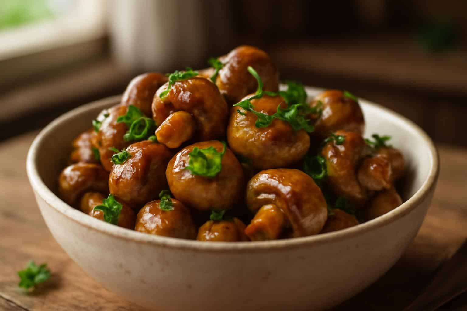 Sautéed garlic mushrooms garnished with fresh parsley served in a rustic bowl, showcasing savory garlic mushrooms