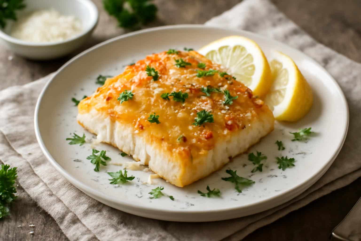 Baked garlic parmesan halibut garnished with lemon and parsley on rustic wooden surface