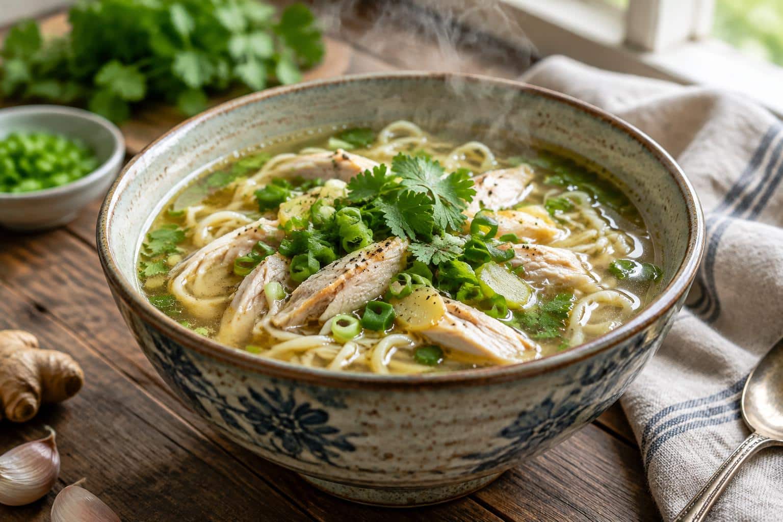 Savory ginger garlic chicken noodle soup in a bowl garnished with fresh herbs