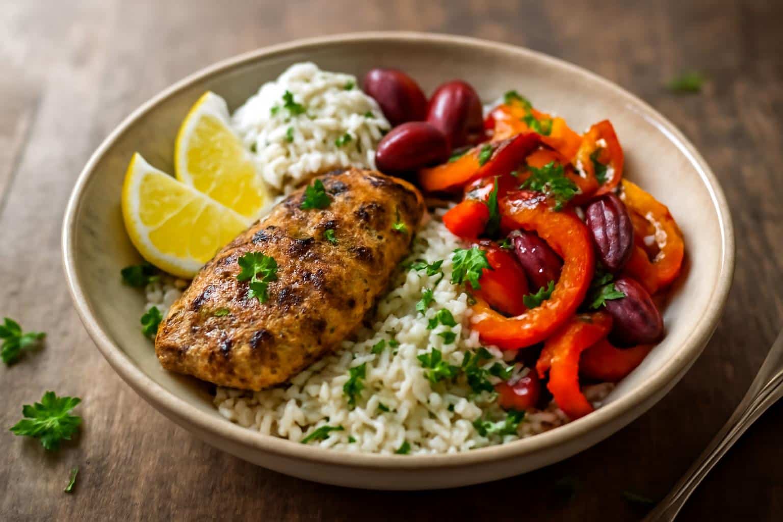 Savory Greek chicken bowls with roasted vegetables, rice, and tzatziki in a rustic bowl