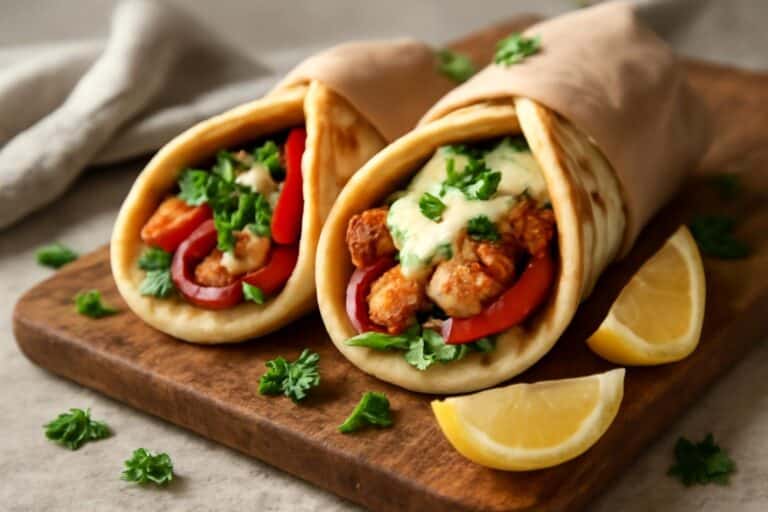 Savory Greek chicken gyro wraps with creamy yogurt sauce and crisp veggies on rustic wooden board