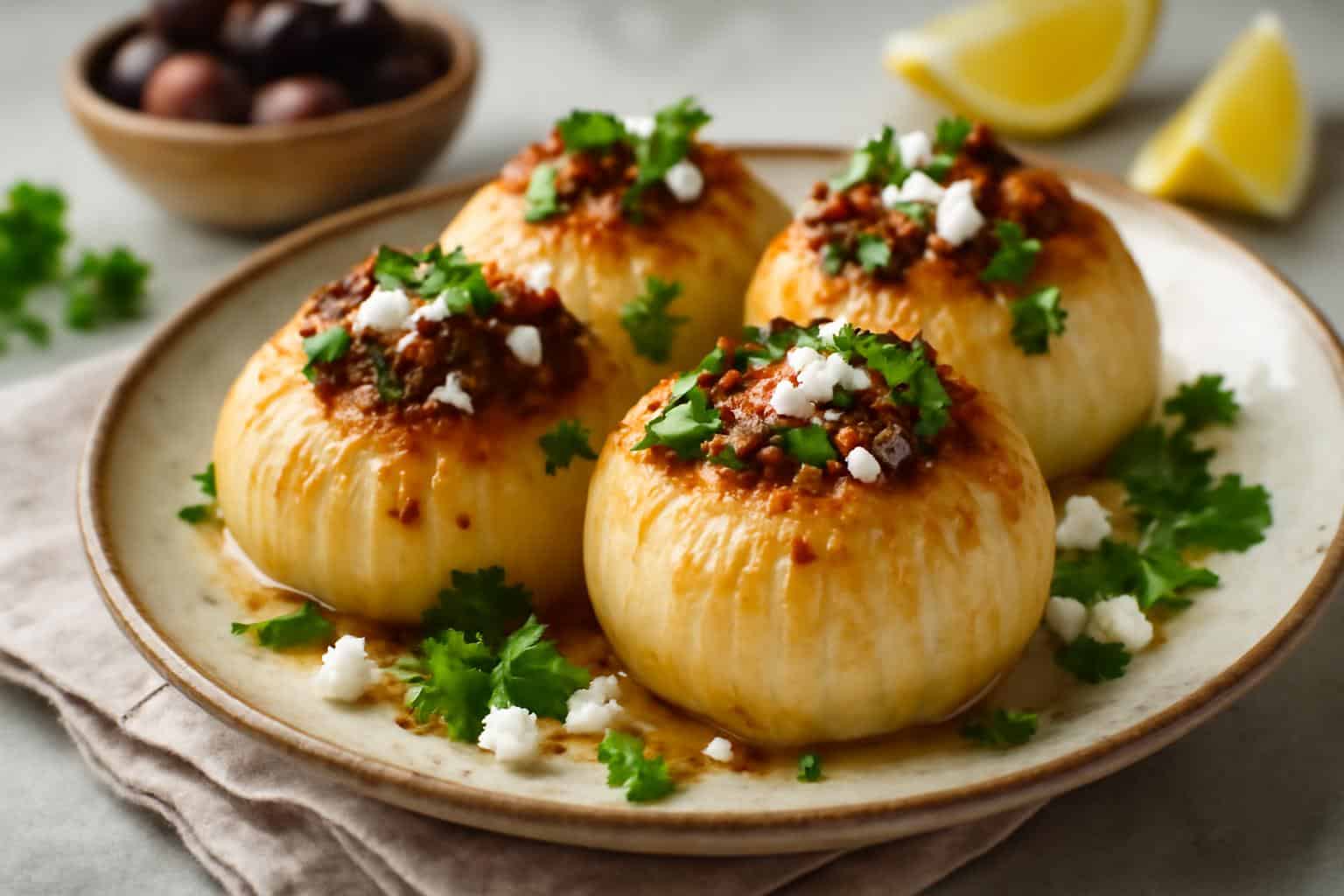 Savory Greek stuffed onions baked to golden perfection garnished with fresh parsley and feta
