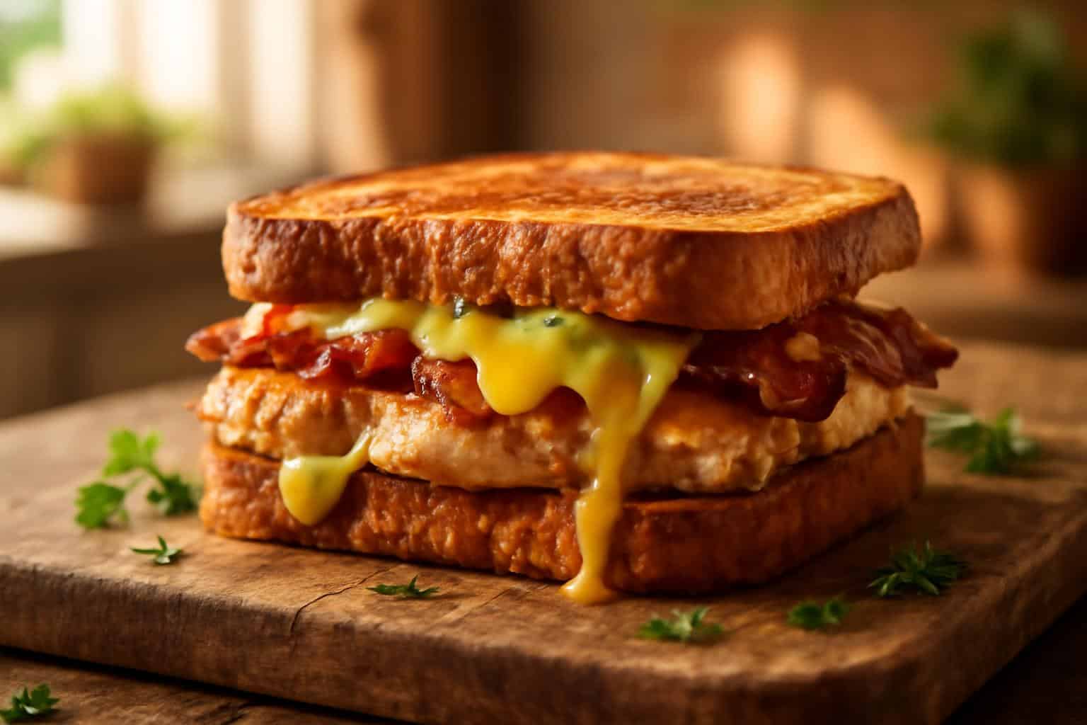 grilled ranch chicken melt sandwich with bacon and melted cheese on rustic board