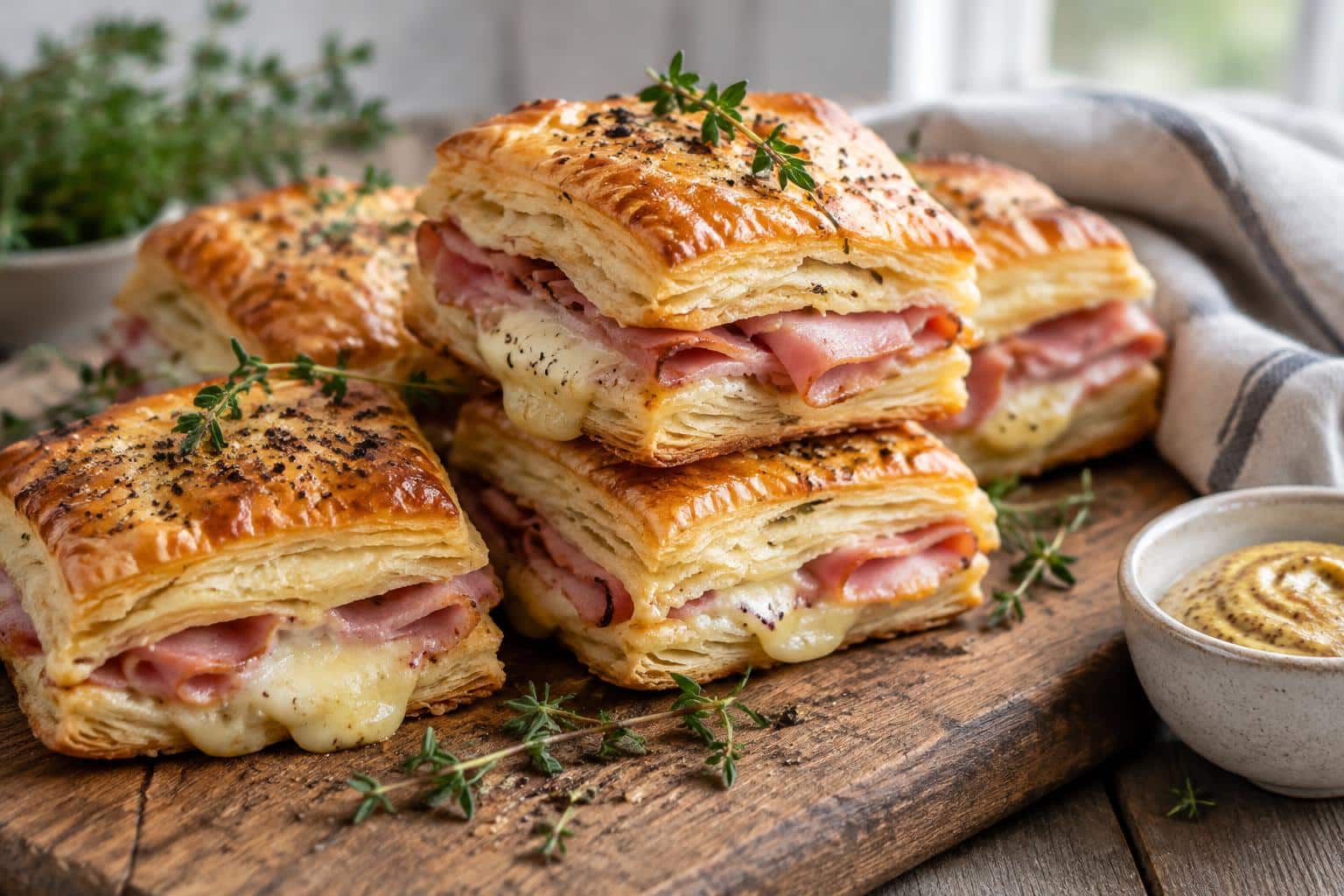 Golden ham cheese puff pastry stacks with crispy layers and fresh thyme garnish