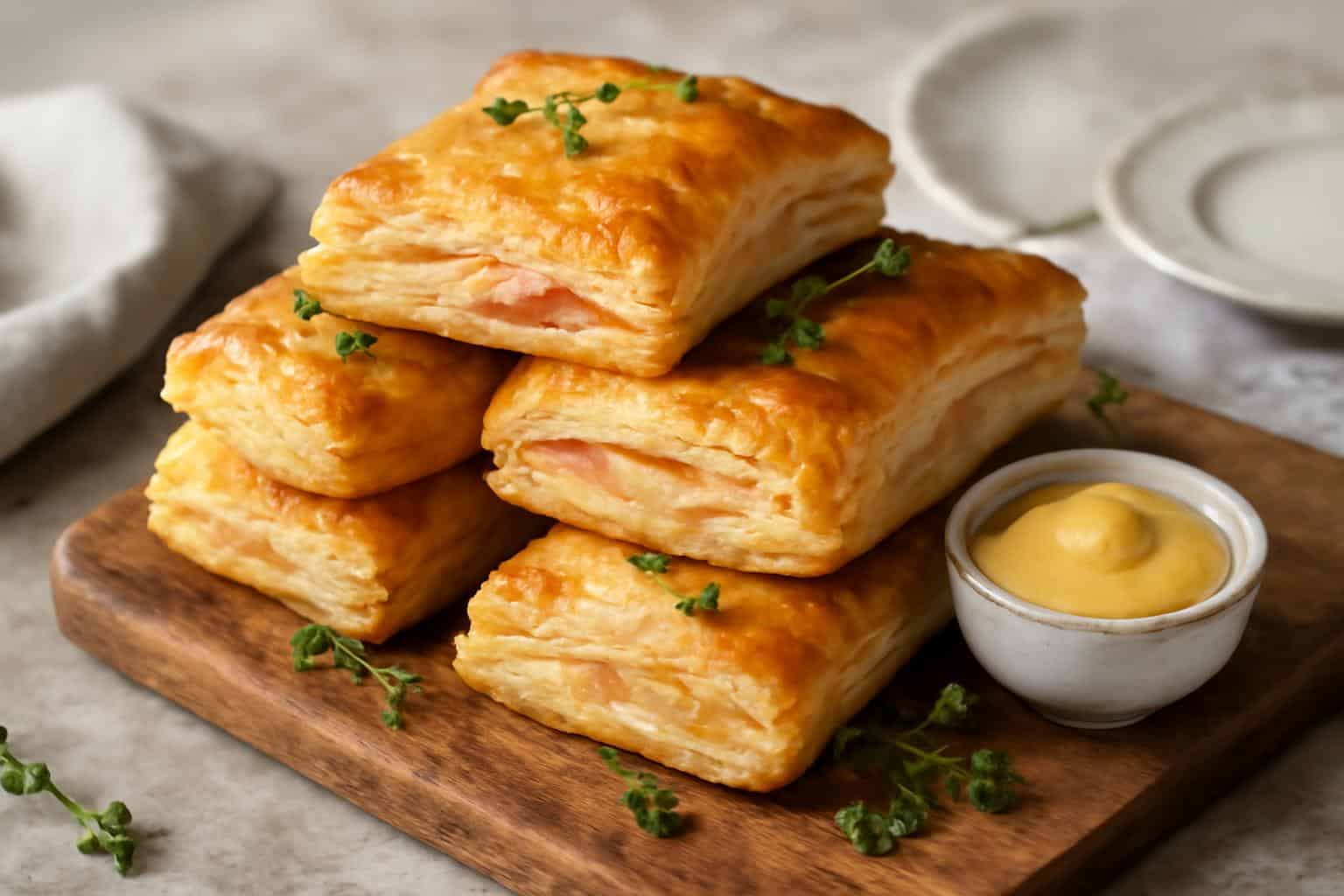 Golden ham cheese puff pastry stacks with crispy layers garnished with thyme