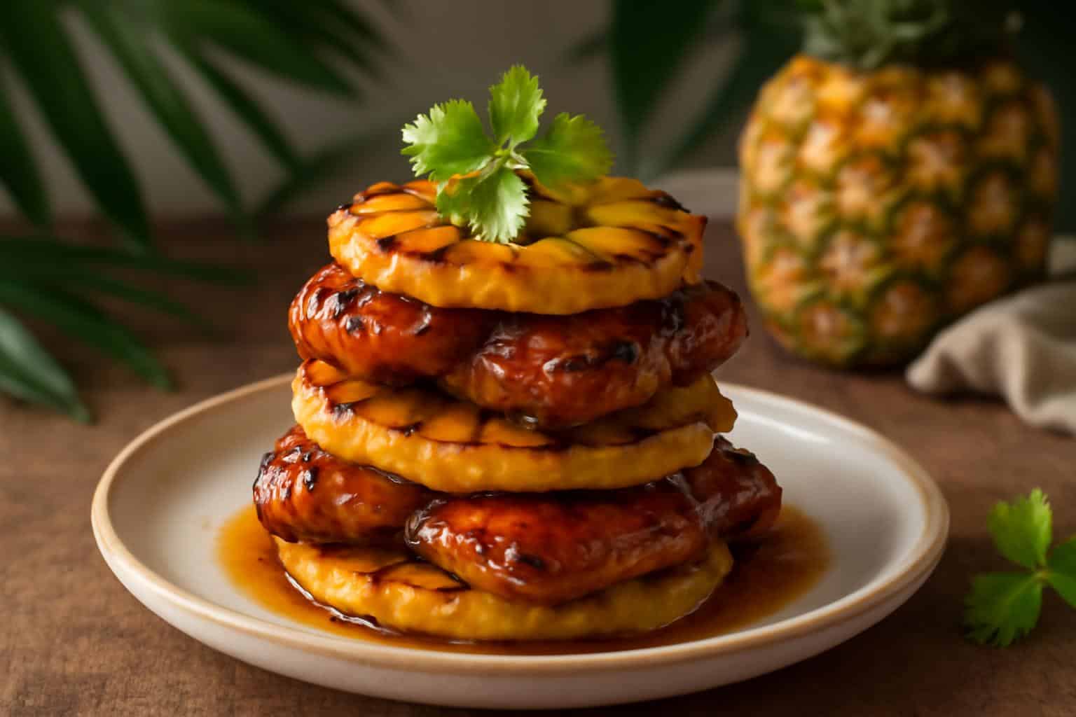 Savory Hawaiian huli huli chicken stack with grilled pineapple and glaze on rustic plate