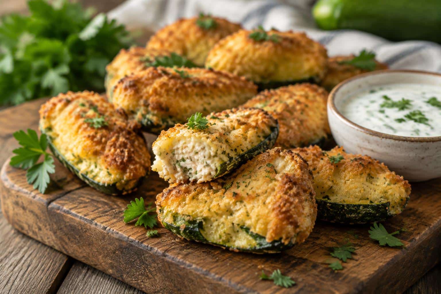 Golden baked chicken zucchini poppers with creamy dipping sauce and fresh parsley garnish