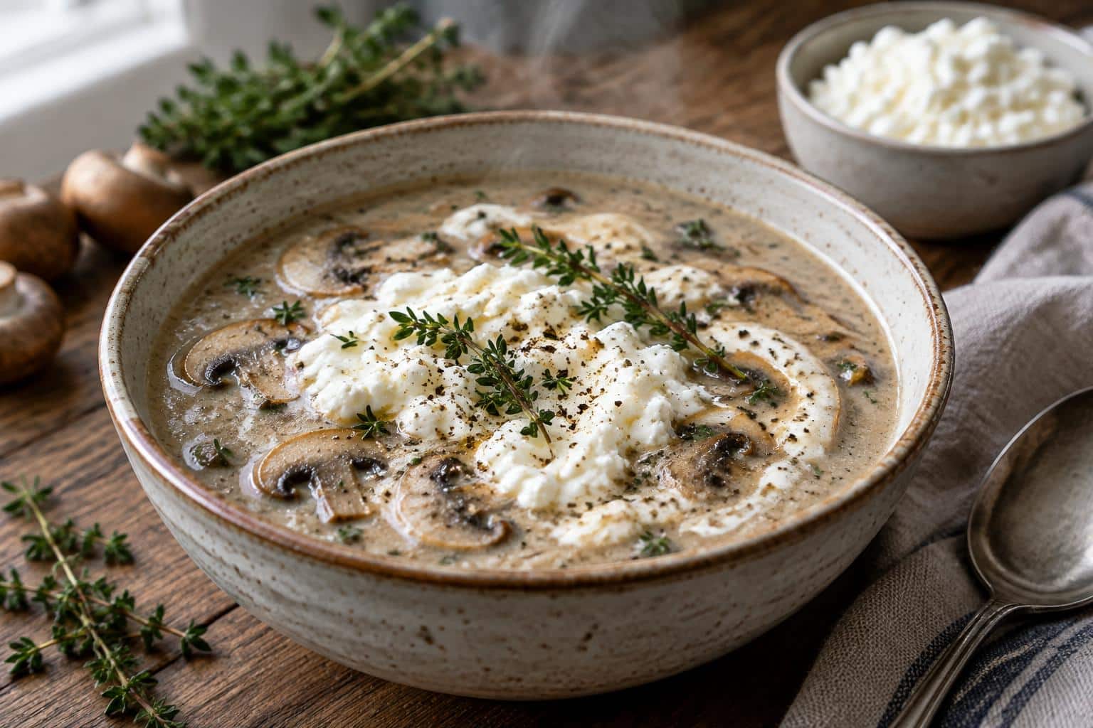 Savory high-protein mushroom soup with creamy cottage cheese garnish in a rustic bowl
