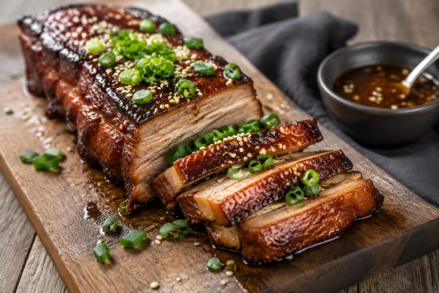 Honey glazed pork belly with sticky, tender texture garnished with green onions and sesame seeds