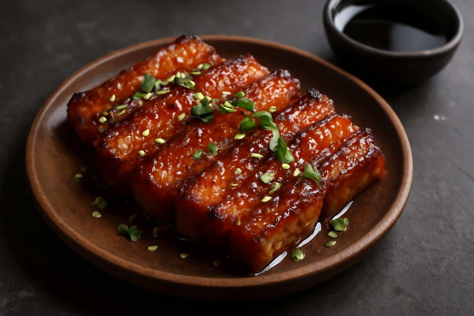 Honey glazed pork belly slices with sticky glaze and garnish, honey glazed pork belly