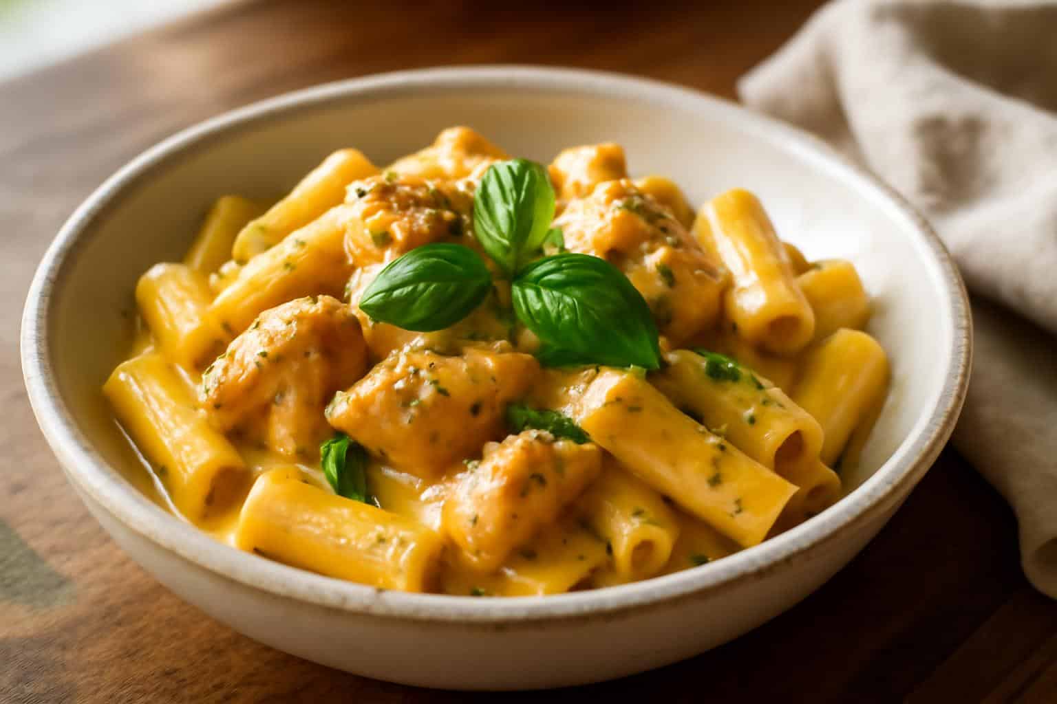 Honey pepper chicken pasta with creamy sauce and fresh basil garnish on rustic table
