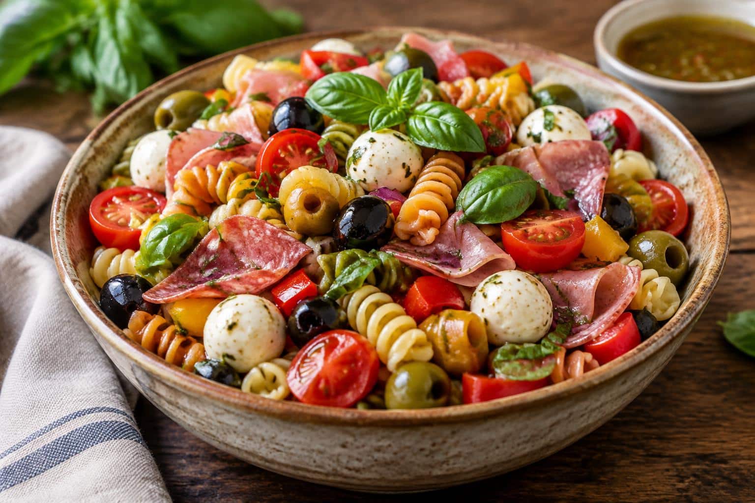 Savory Italian grinder pasta salad with rotini, deli meats, fresh mozzarella, and vegetables in a rustic bowl