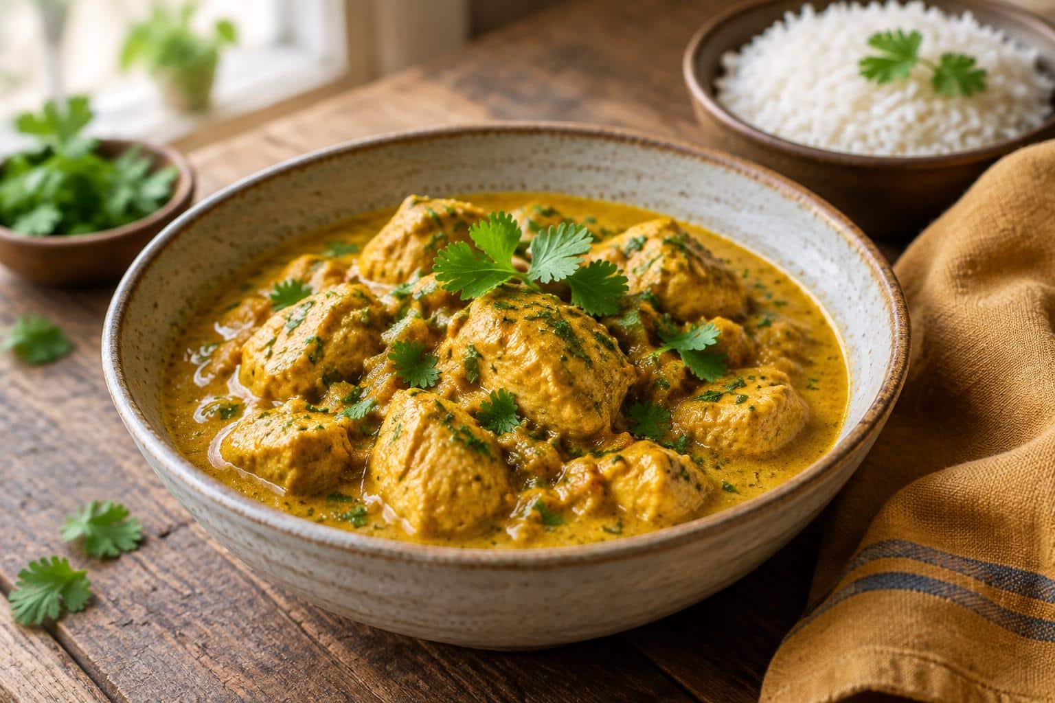 Savory slow cooker chicken curry garnished with cilantro in a rustic bowl