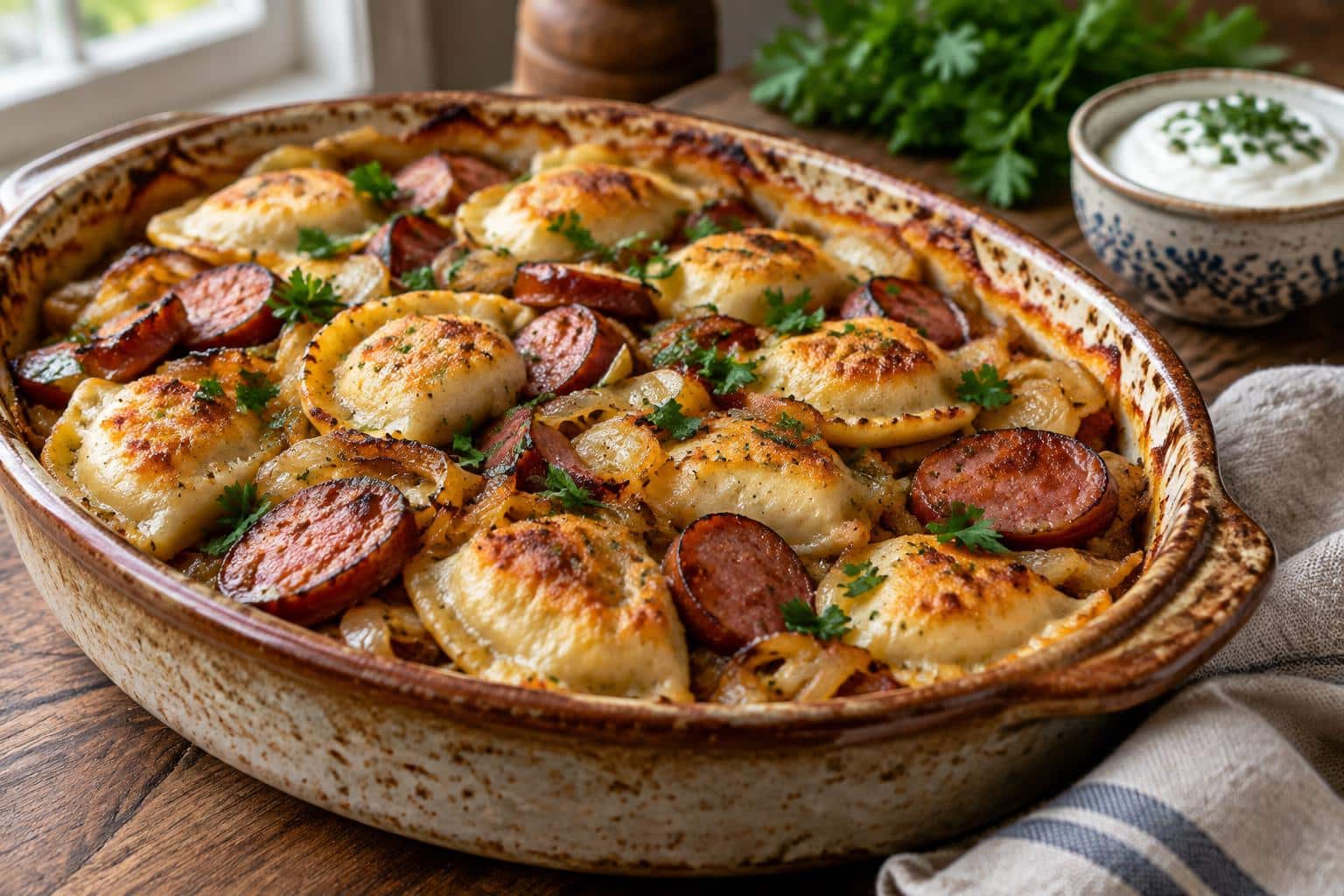 Hearty kielbasa pierogi casserole with golden crust and parsley garnish in a crockpot serving dish