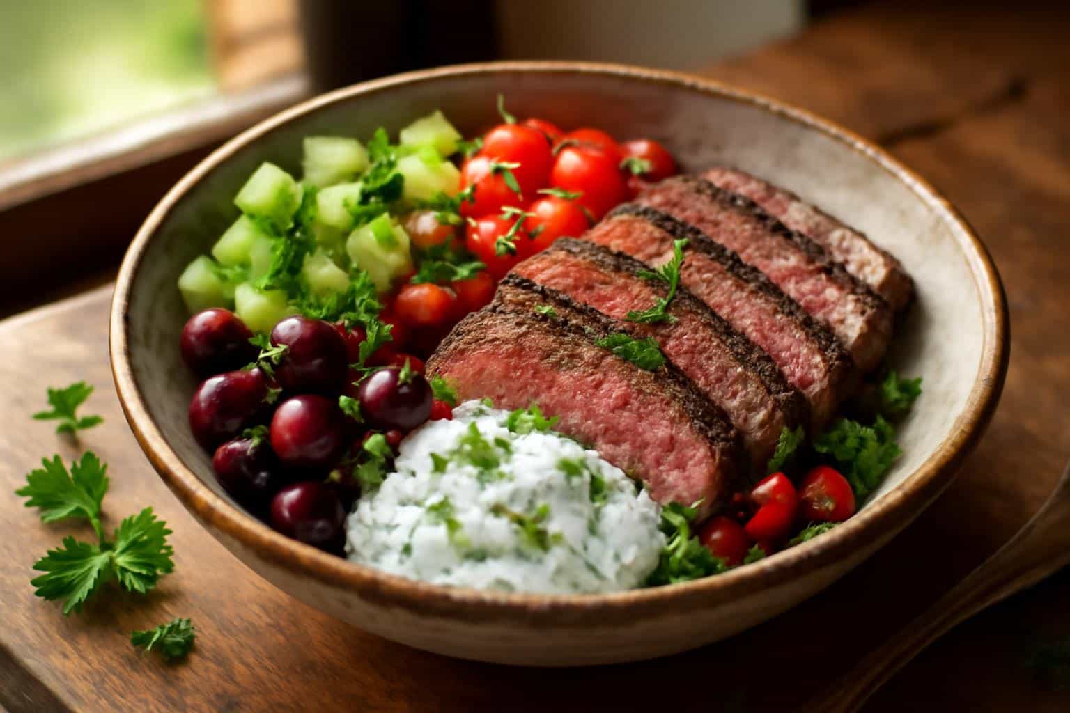 Mediterranean steak bowl with juicy steak, fresh vegetables, and creamy tzatziki in a rustic bowl