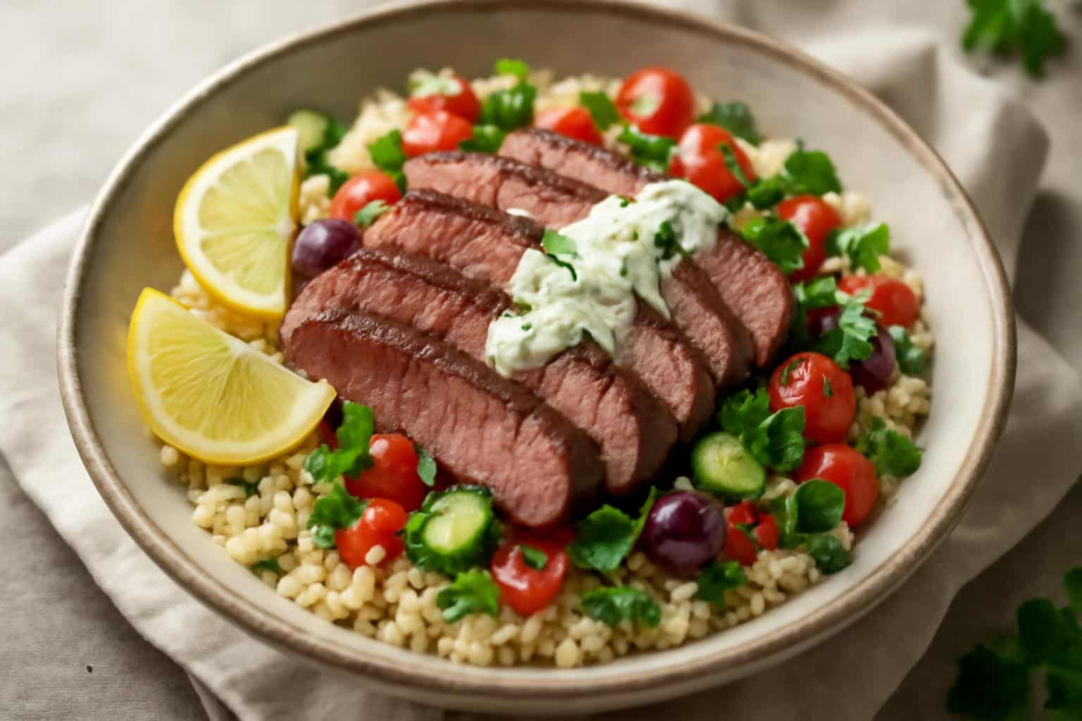 Mediterranean steak bowl with juicy steak, couscous, fresh vegetables, and herbs in a rustic bowl