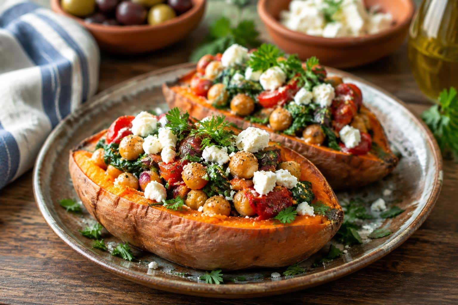 Mediterranean stuffed sweet potatoes topped with herbs and feta cheese on rustic surface