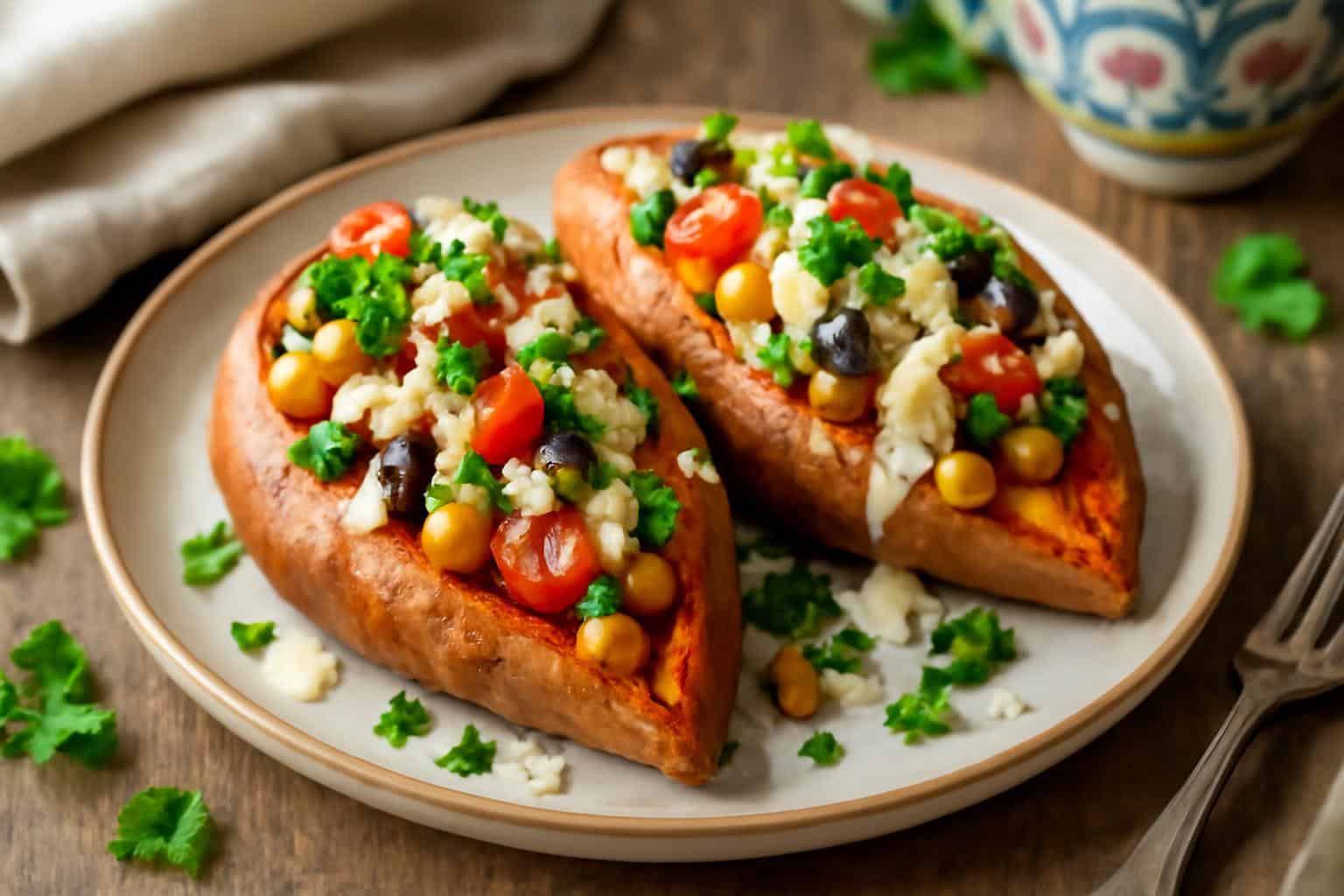 Savory Mediterranean stuffed sweet potatoes recipe with fresh toppings and tahini sauce
