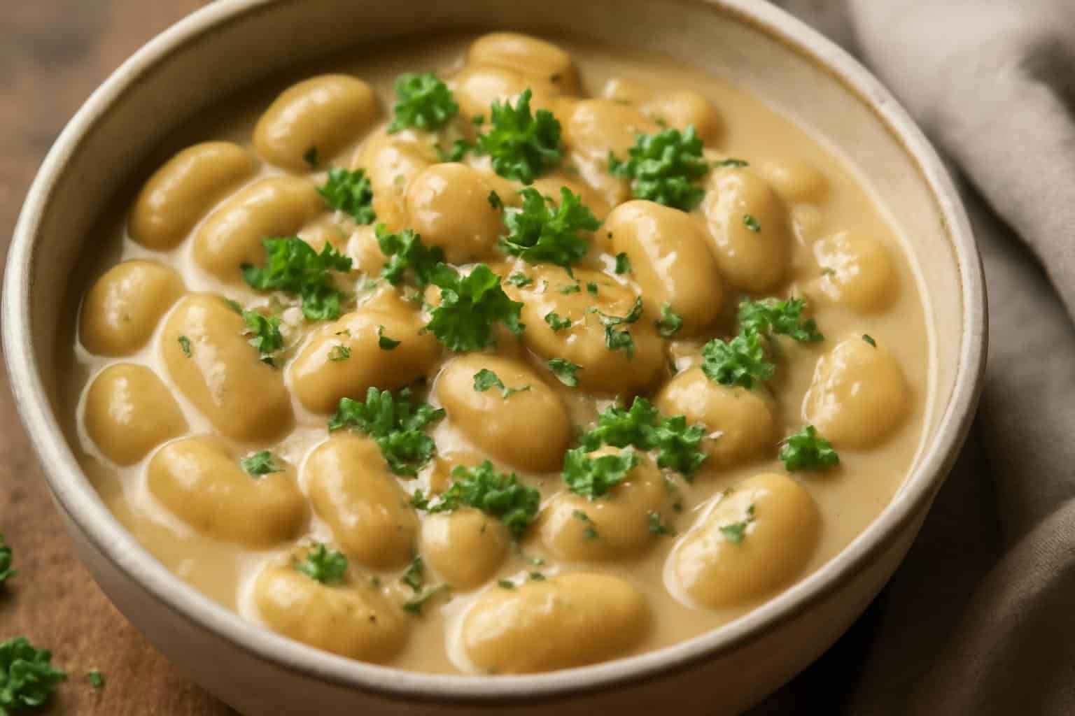 Creamy miso butter beans garnished with parsley and sesame seeds in a bowl, showcasing the miso butter beans dish