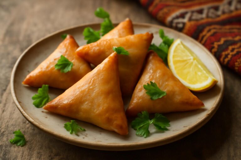Golden brown Moroccan chicken briouats with fresh parsley garnish