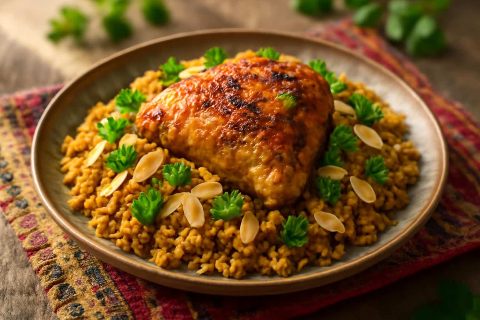 Savory Moroccan chicken rice served on rustic plate with parsley and almonds garnish
