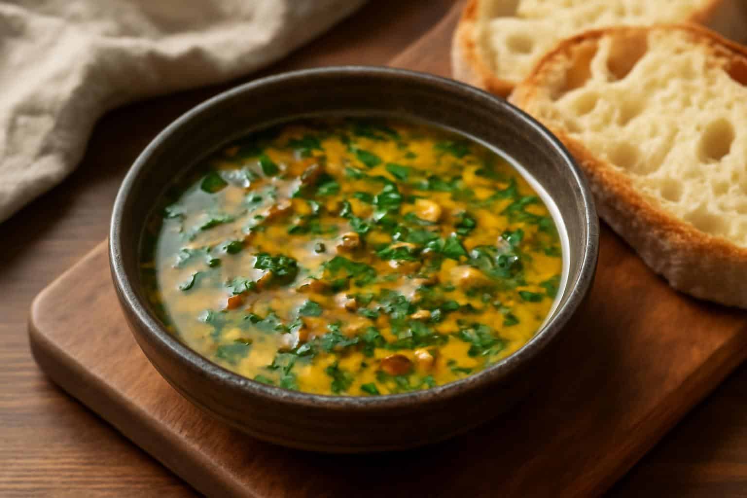 Savory olive oil bread dip in rustic bowl with herbs and spices alongside crusty bread slices