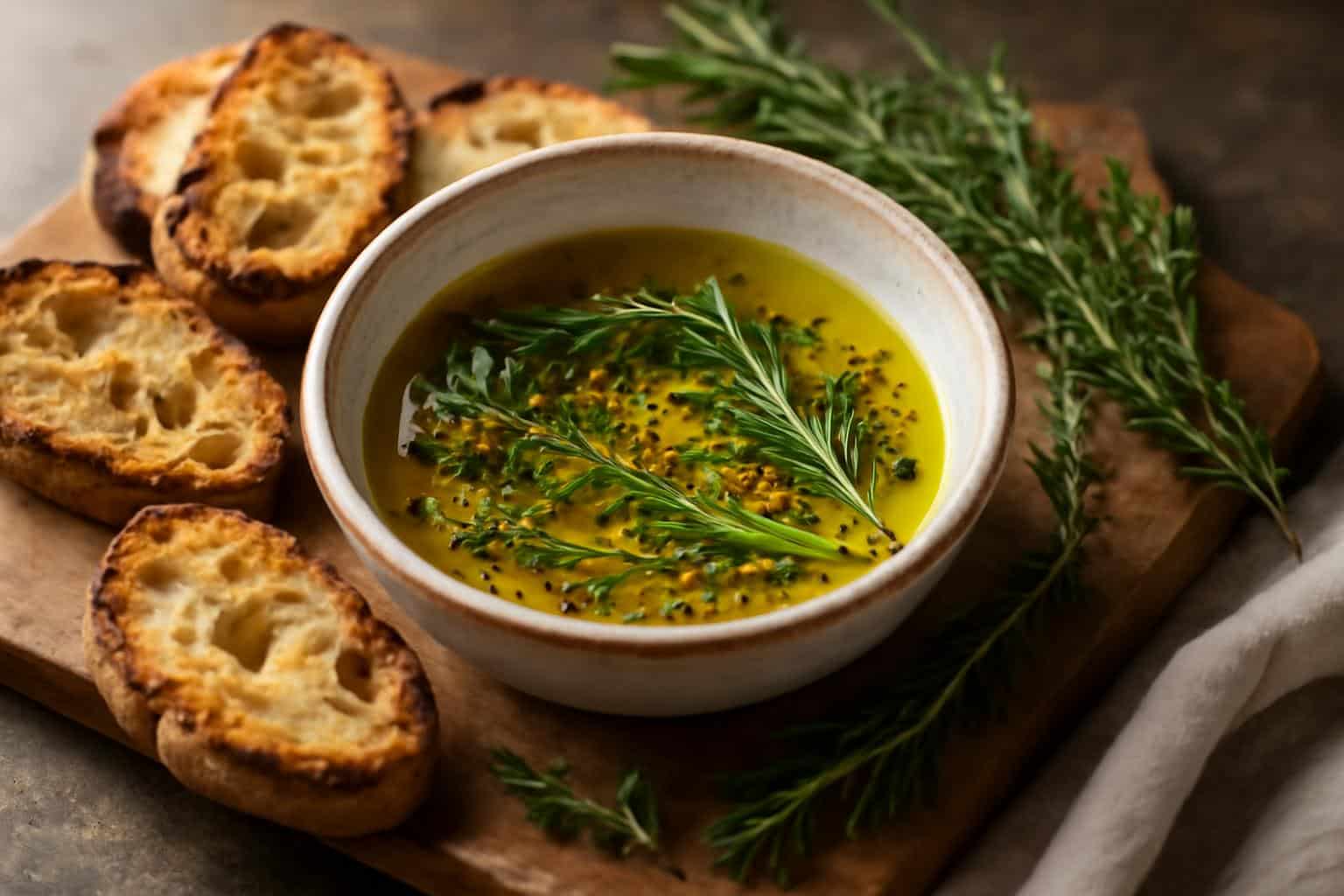 Savory olive oil bread dip with fresh herbs and toasted bread slices