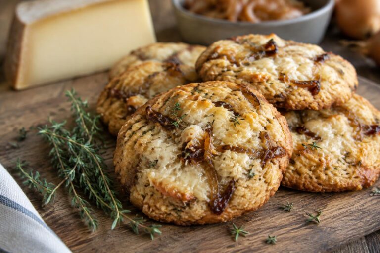 Savory onion cookies with caramelized onions and melted Comté cheese on rustic wooden surface