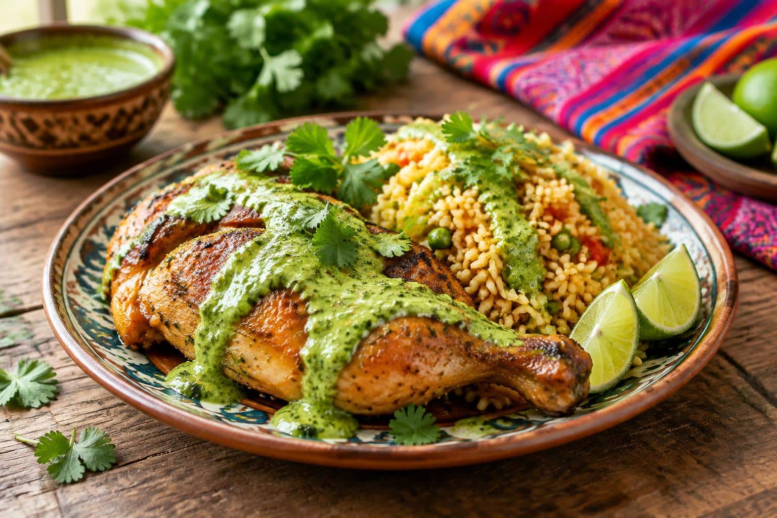 Plate of savory Peruvian chicken rice with zesty green sauce and fresh cilantro garnish