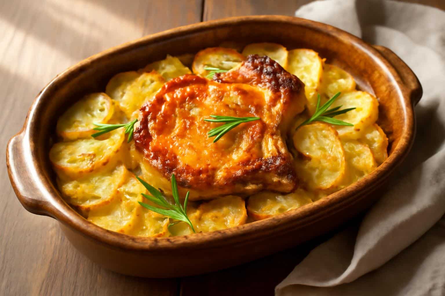 Baked savory pork chop potato bake with crispy golden potatoes and rosemary garnish