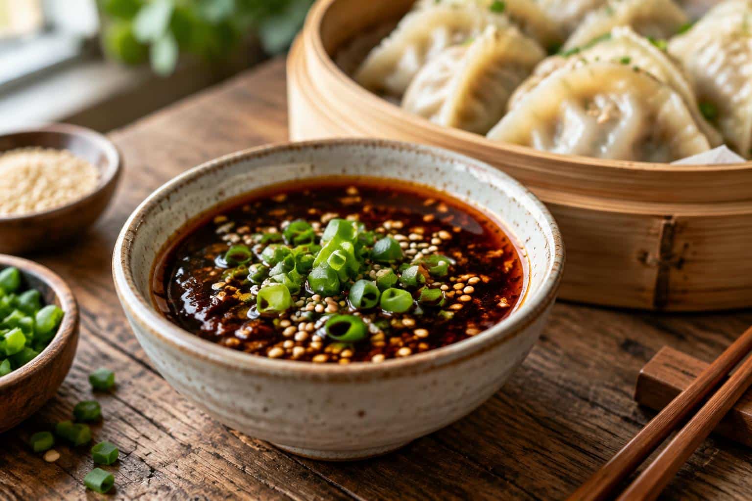 Savory pot sticker sauce in a bowl garnished with green onions and sesame seeds
